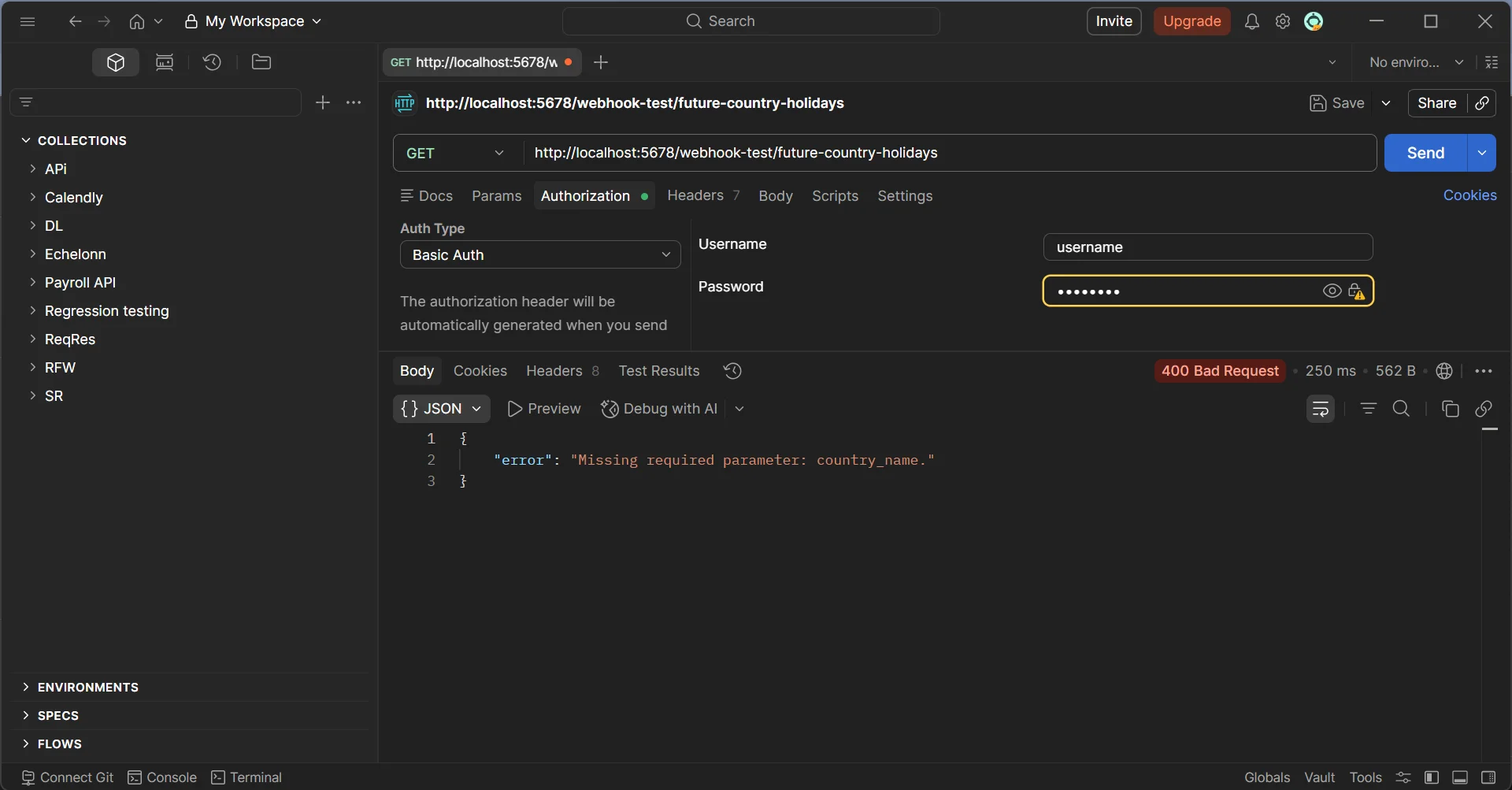 Screenshot of a test response in Postman showing a 400 error for a missing parameter