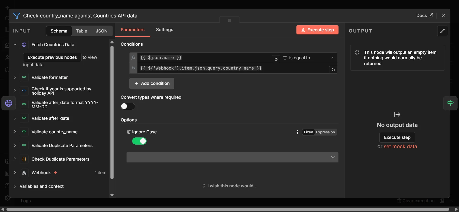 Check country_name against Countries API data