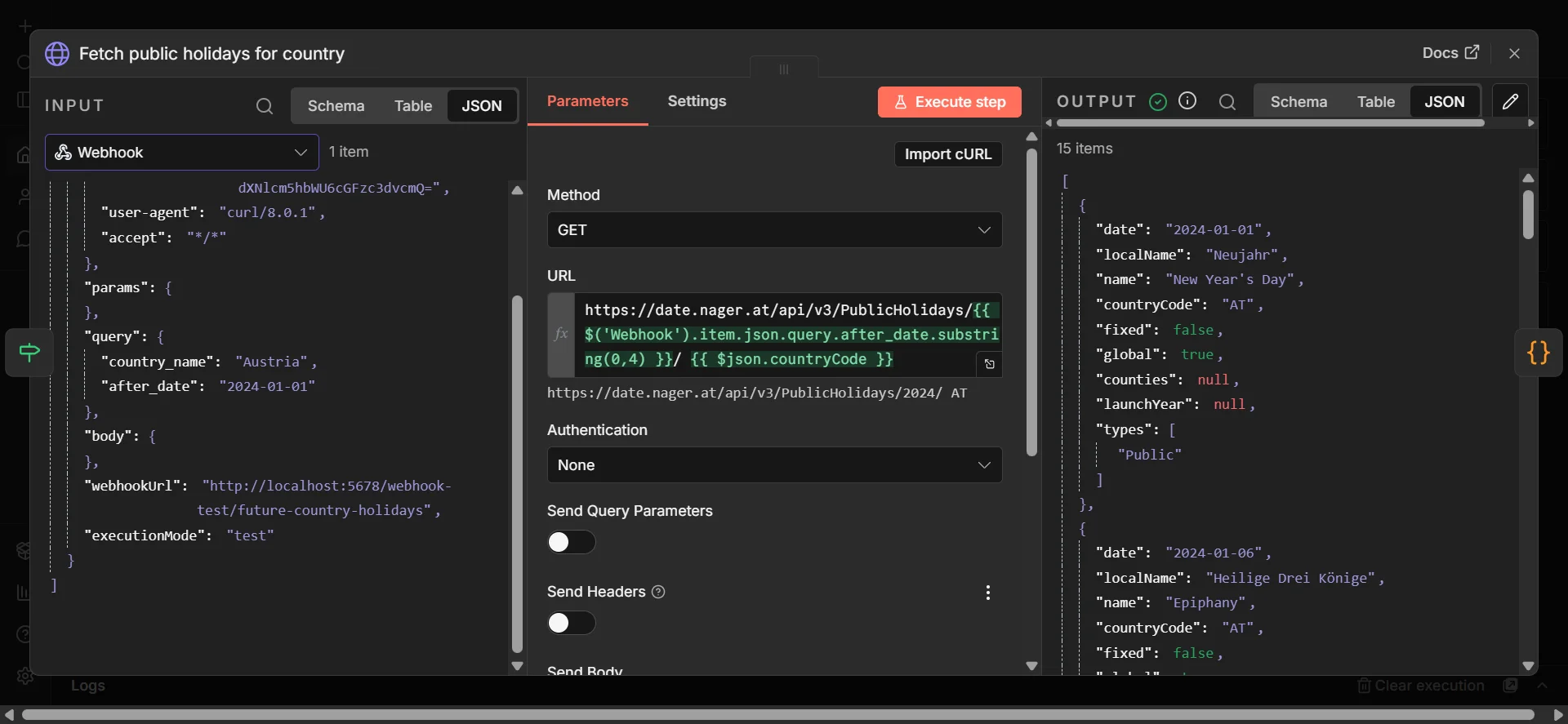 Screenshot of the HTTP Request node configuration showing the dynamic URL being built with the country code and year extracted from the inputs