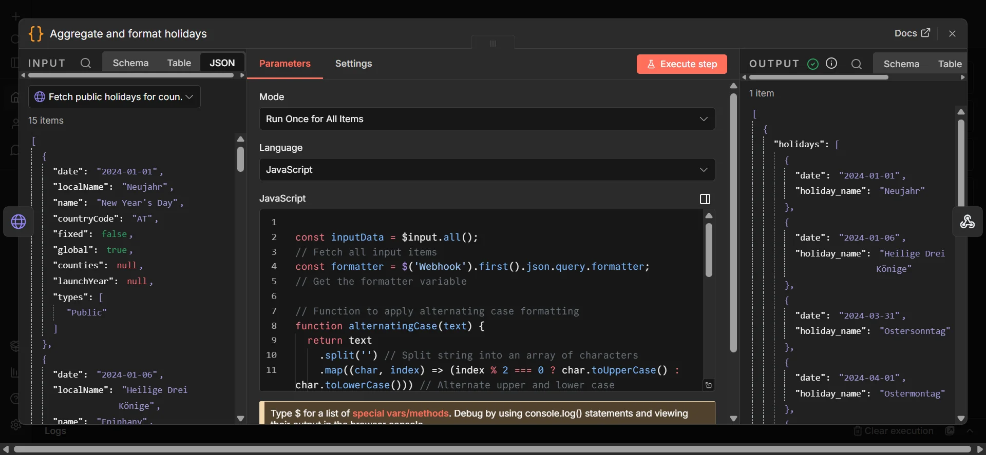 Screenshot of the Code node open in n8n showing the alternatingCase function and the formatter conditional logic