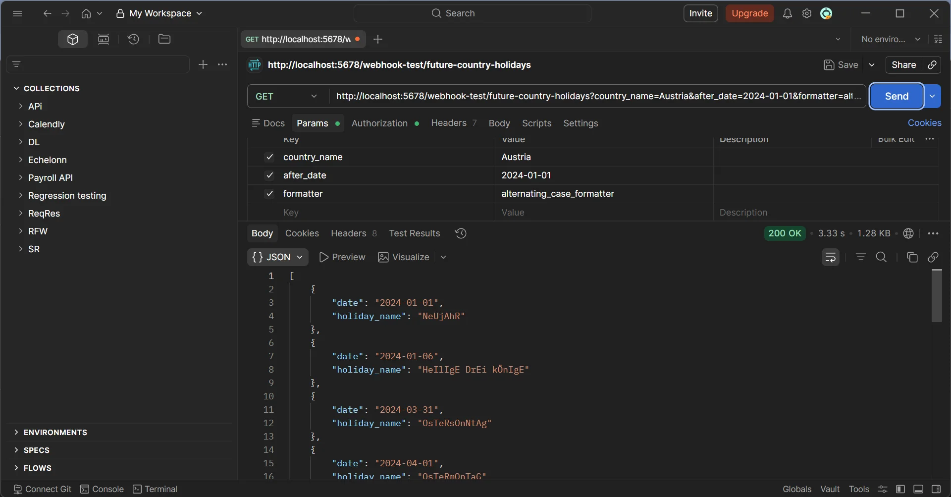 Postman screenshots showing a successful response with the alternating_case_formatter applied