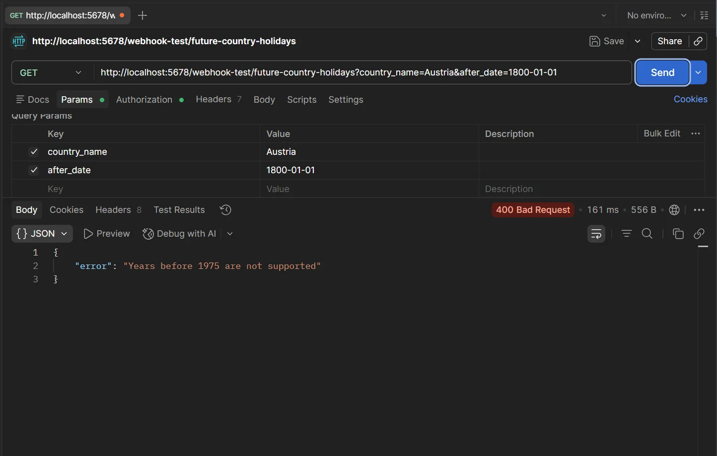 Postman error responses showing different 400 errors for different invalid inputs