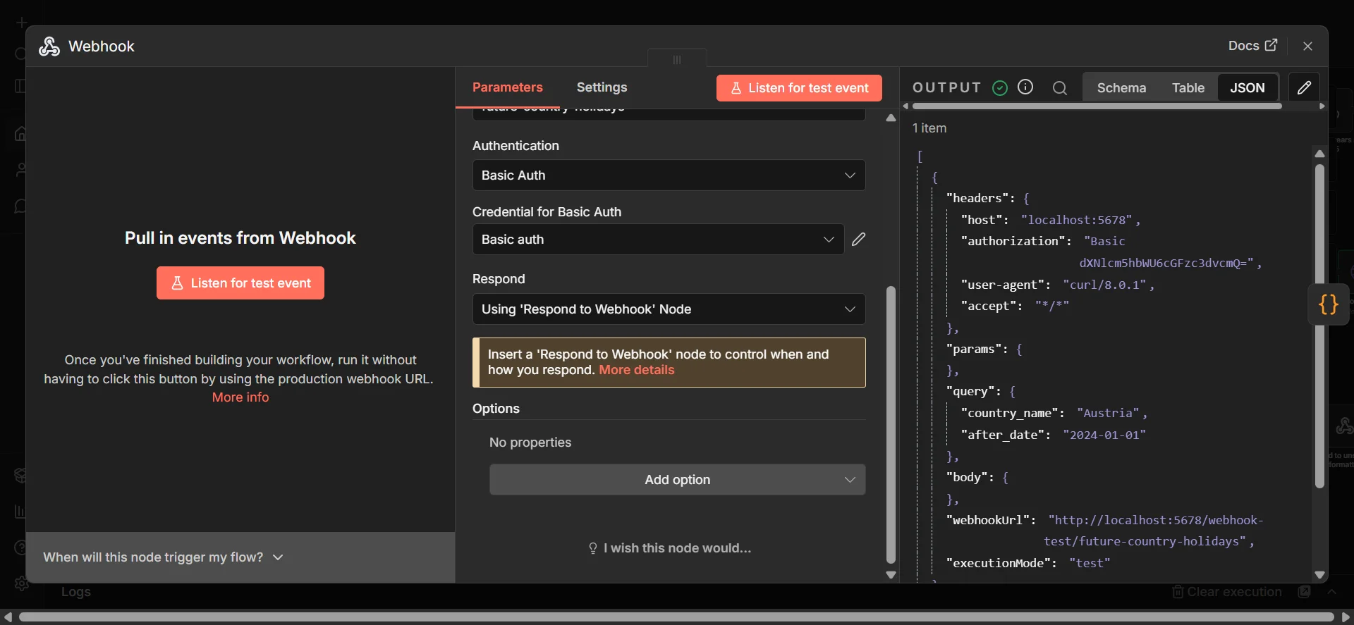 Screenshot of the n8n Webhook node configuration showing Basic Auth enabled